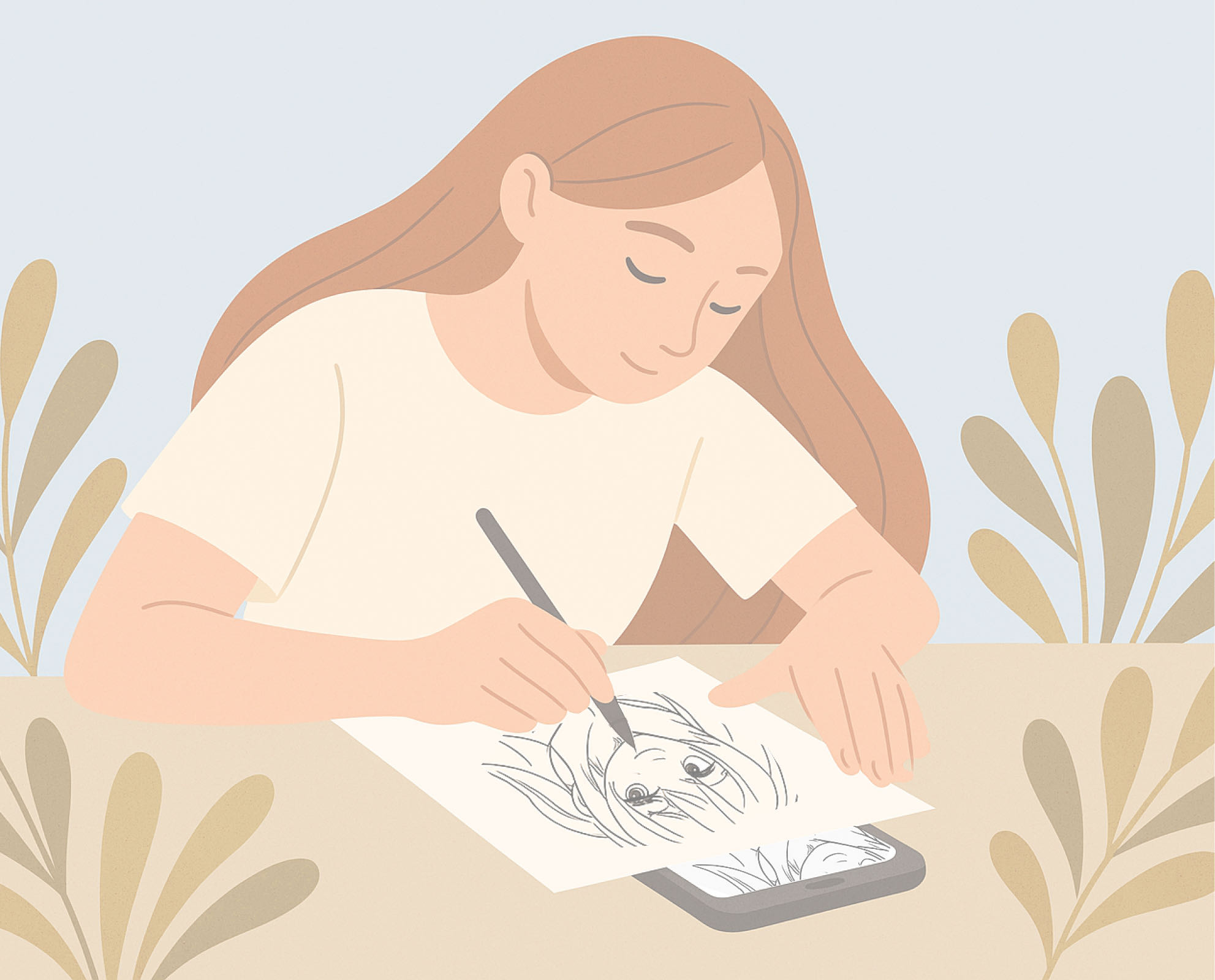 Girl tracing a drawing on paper placed over her phone with the Lightbox draw app