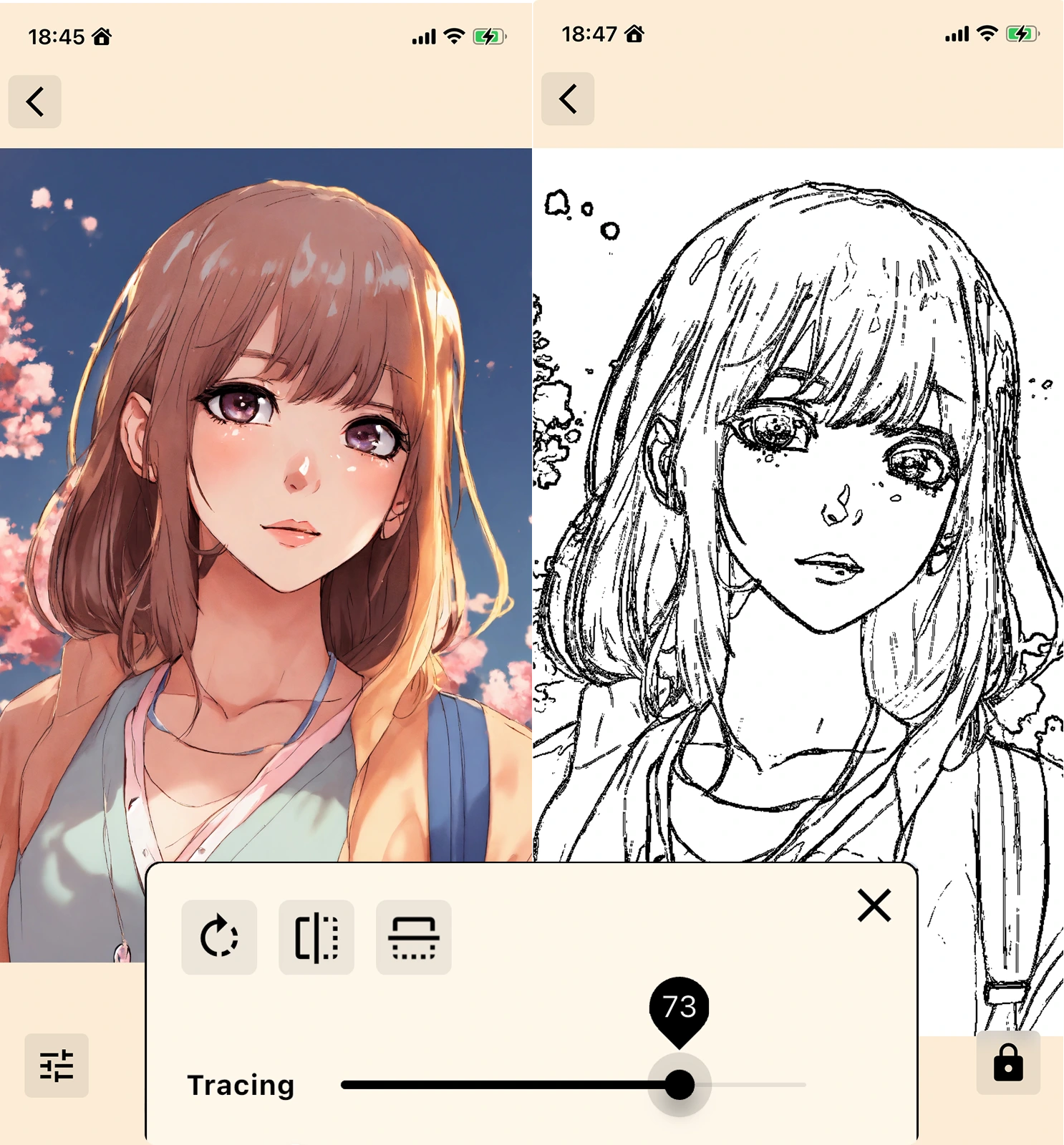 Lightbox draw app screenshot converting a photo of a girl into clean traceable line art